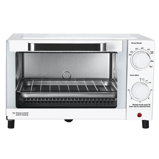 4 Slice Toaster Oven Countertop with 3 Settings Baking Rack Pan Compact Design Easy Clean 1050W Quartz Heating Perfect Toast