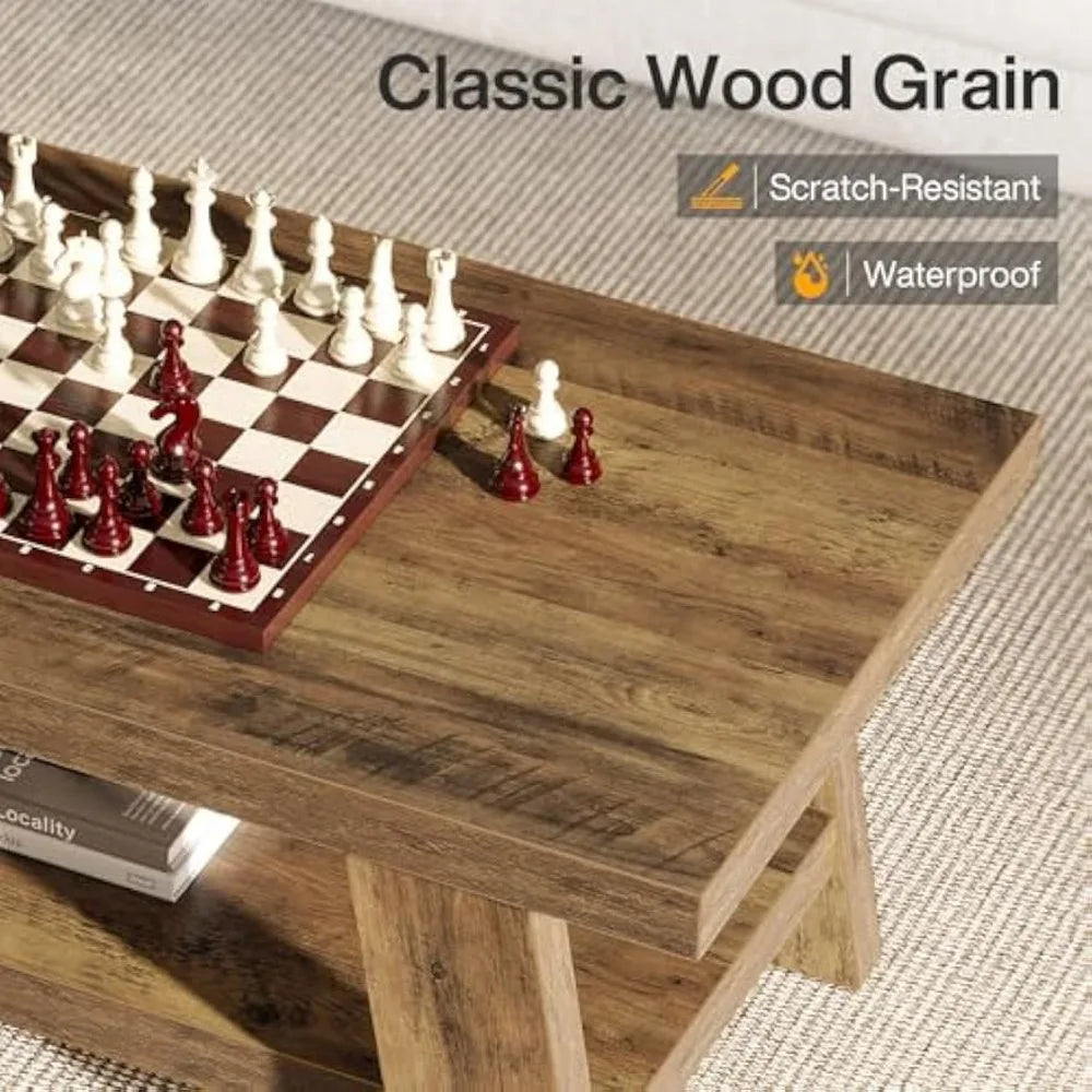 Rustic Rectangular Living Room Coffee Table, 47.24" Two-Level Wood Center Table