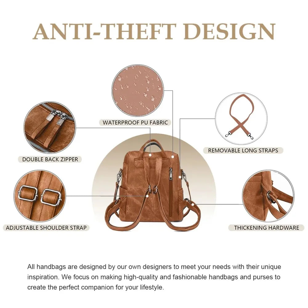 Backpack Purse for Womens, Waterproof PU Leather Backpacks Handbags, Ladies Casual Shoulder Bags Brown（No shipment on weekends）