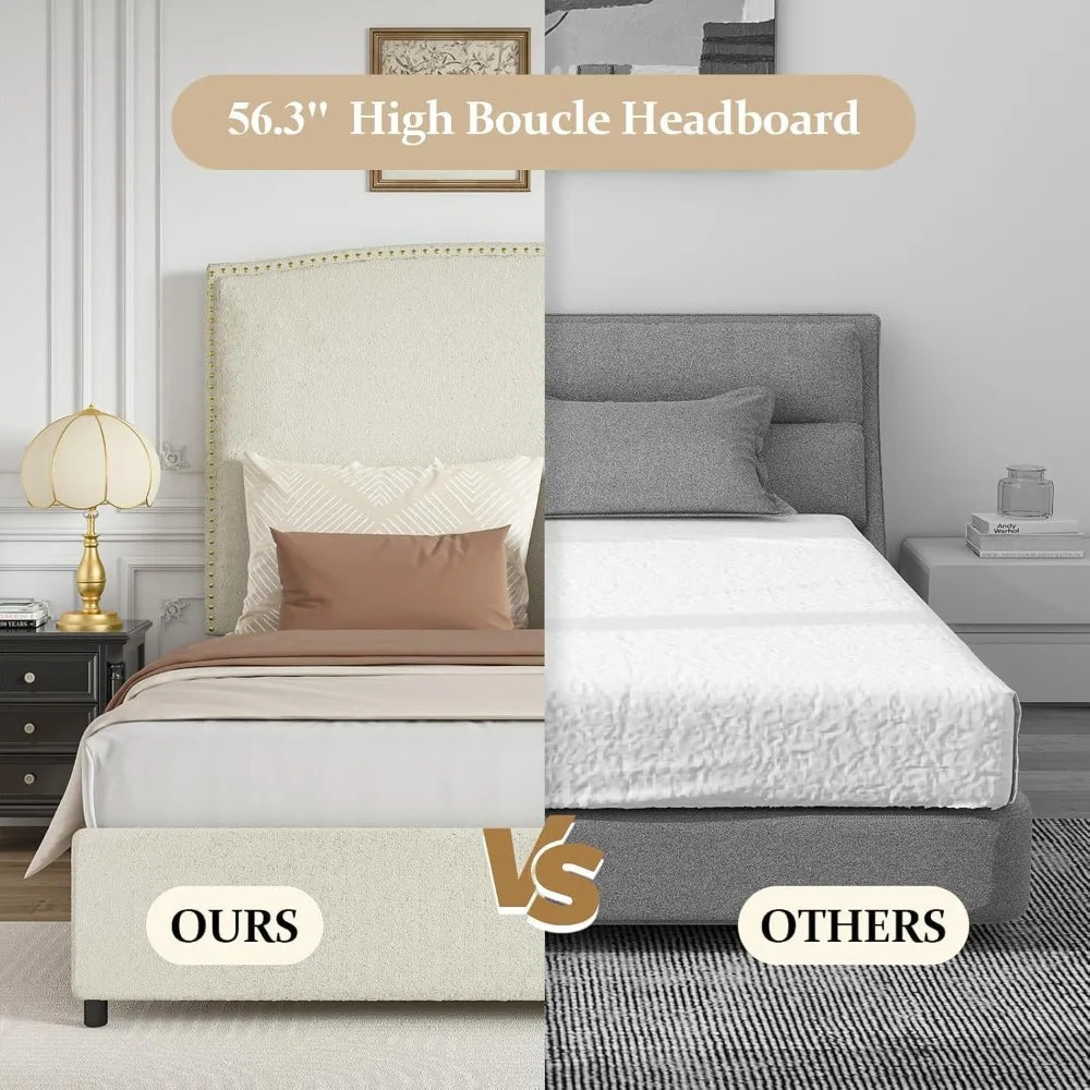 King Size Bed Frame with Upholstered Headboard, 56" Modern Platform Bed, Soft Boucle Fabric & Gold Nailhead Trim