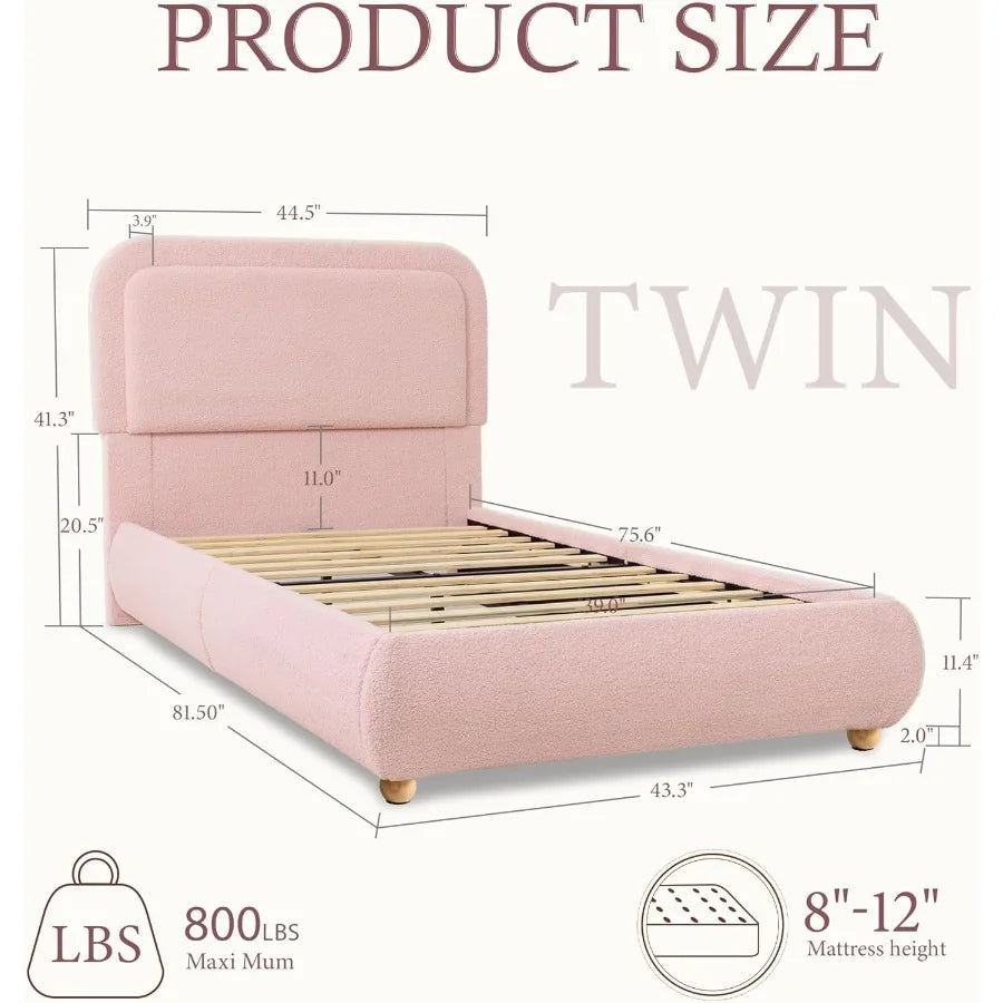 Pink Boucle Cloud Bed Frame with Soft Round Corner Headboard Twin Boho Cute Upholstered Beds with Fluffy Thickened Footboard So