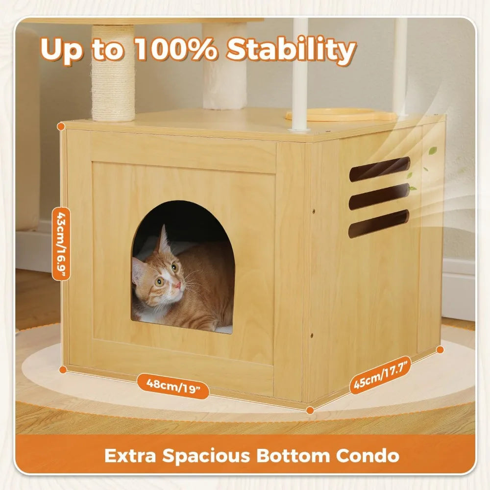 PAWZ Road Large Cat Tree with Food Station, 74.8 Inches Wooden Tall Cat Tower with Extra Large Condos and Hammocks,Spacious Perc