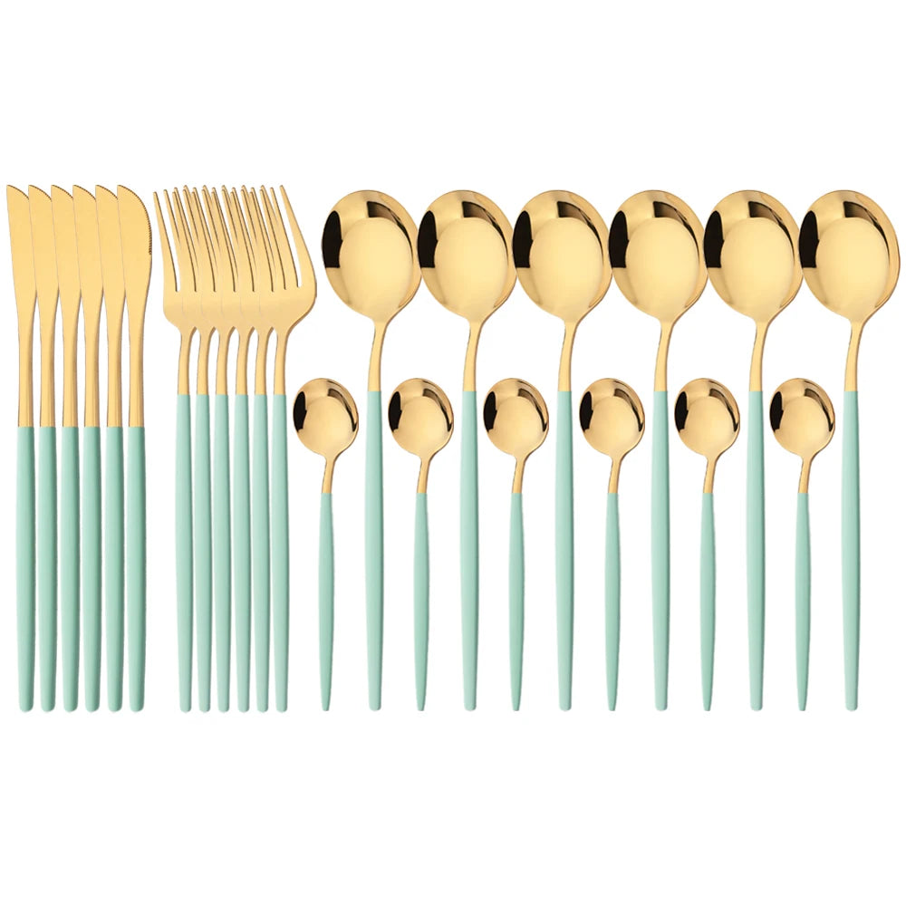 24Pcs Dinnerware Set Stainless Steel Tableware Knife Fork Tea Spoon Cutlery Set Multiple Colour Silverware Kitchen Flatware Set