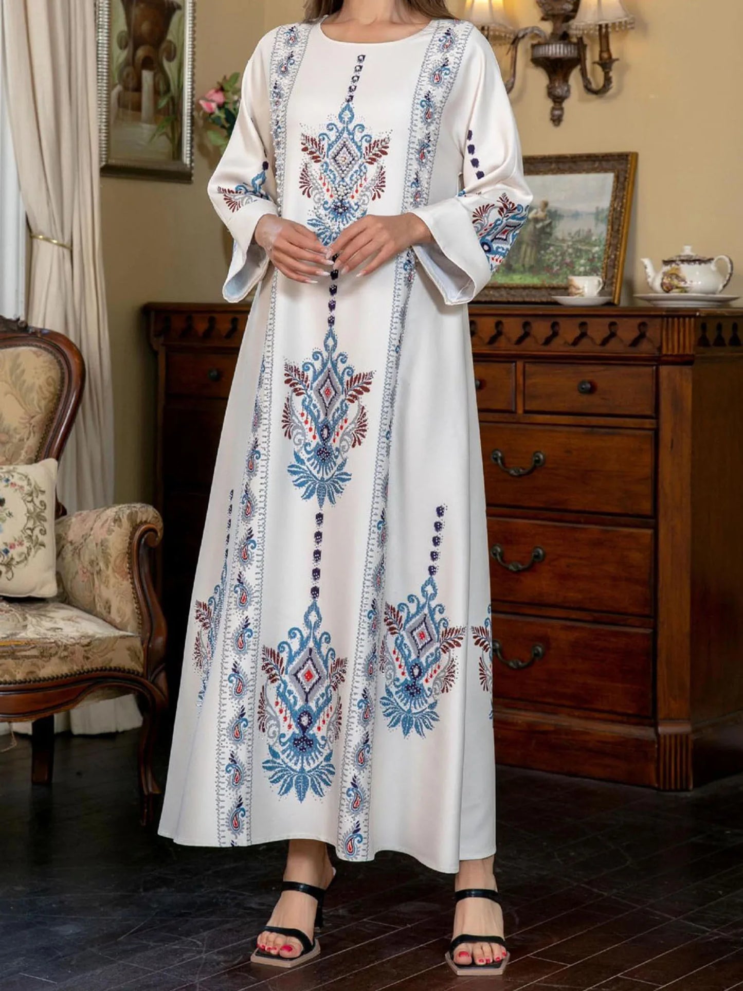 Women s Elegant Floral Print Maxi Dress Long Sleeve Round Neck Loose Fit Arab Style Kaftan Dress for Autumn
