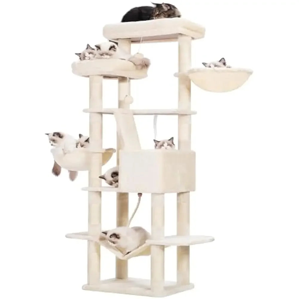 Cat Tree, 68 inch Multi-Level Cat Tower for Indoor Cats, 2 Widened Plush Perches Cat Condo with Scratching Board and Big Caves