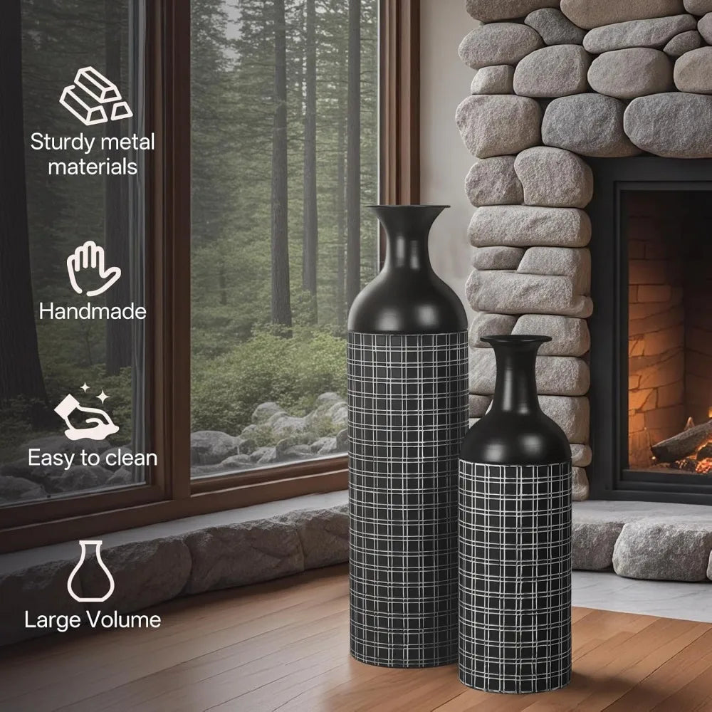 Tall Floor Vase Set of 3, Large Black Metal Vase with Minimalist White Lines & Detachable Vases Mouth, Big Modern Decorative Vas