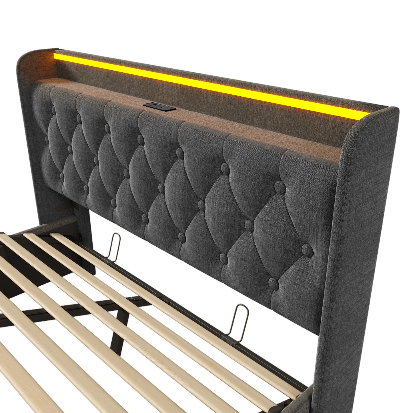 KOMHTOM Hydraulic Storage bed Linen 360 Surround LED function with USB Type-C charging function without mattress