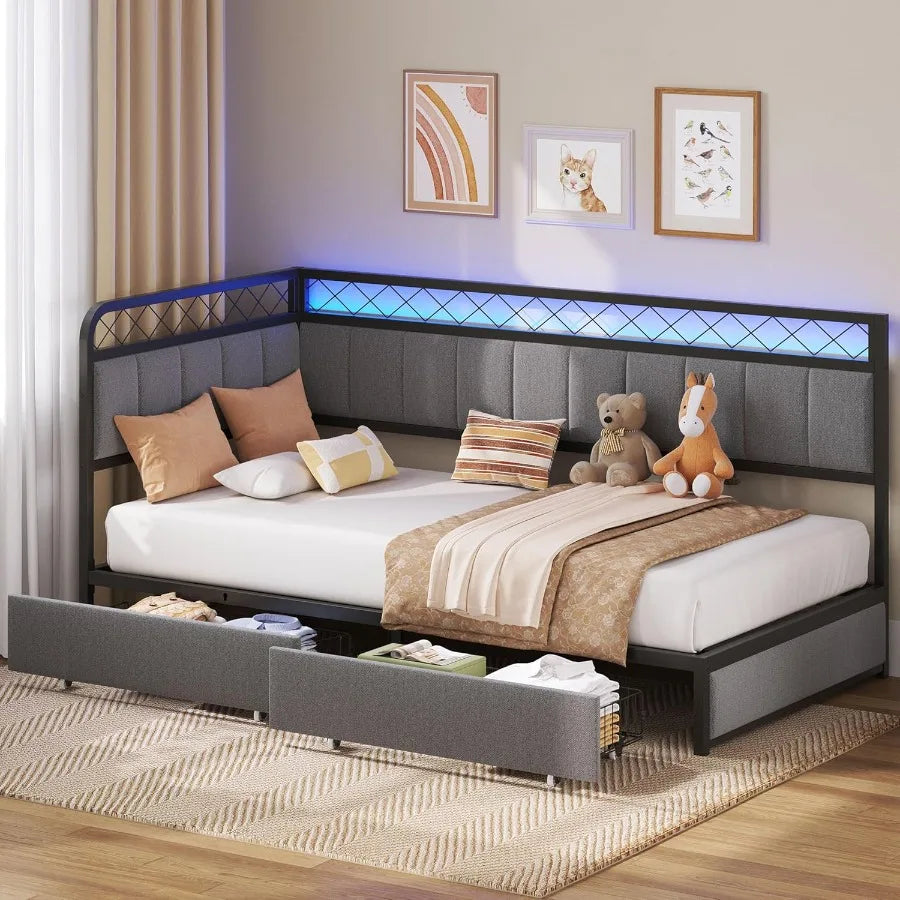 Twin Daybed with 2 Storage Drawers Corner Bed Frame with LED and Charging Station Metal Platform Daybed Frame for Living Room B
