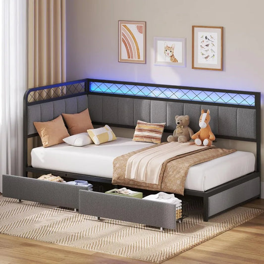 Twin Daybed with 2 Storage Drawers Corner Bed Frame with LED and Charging Station Metal Platform Daybed Frame for Living Room B