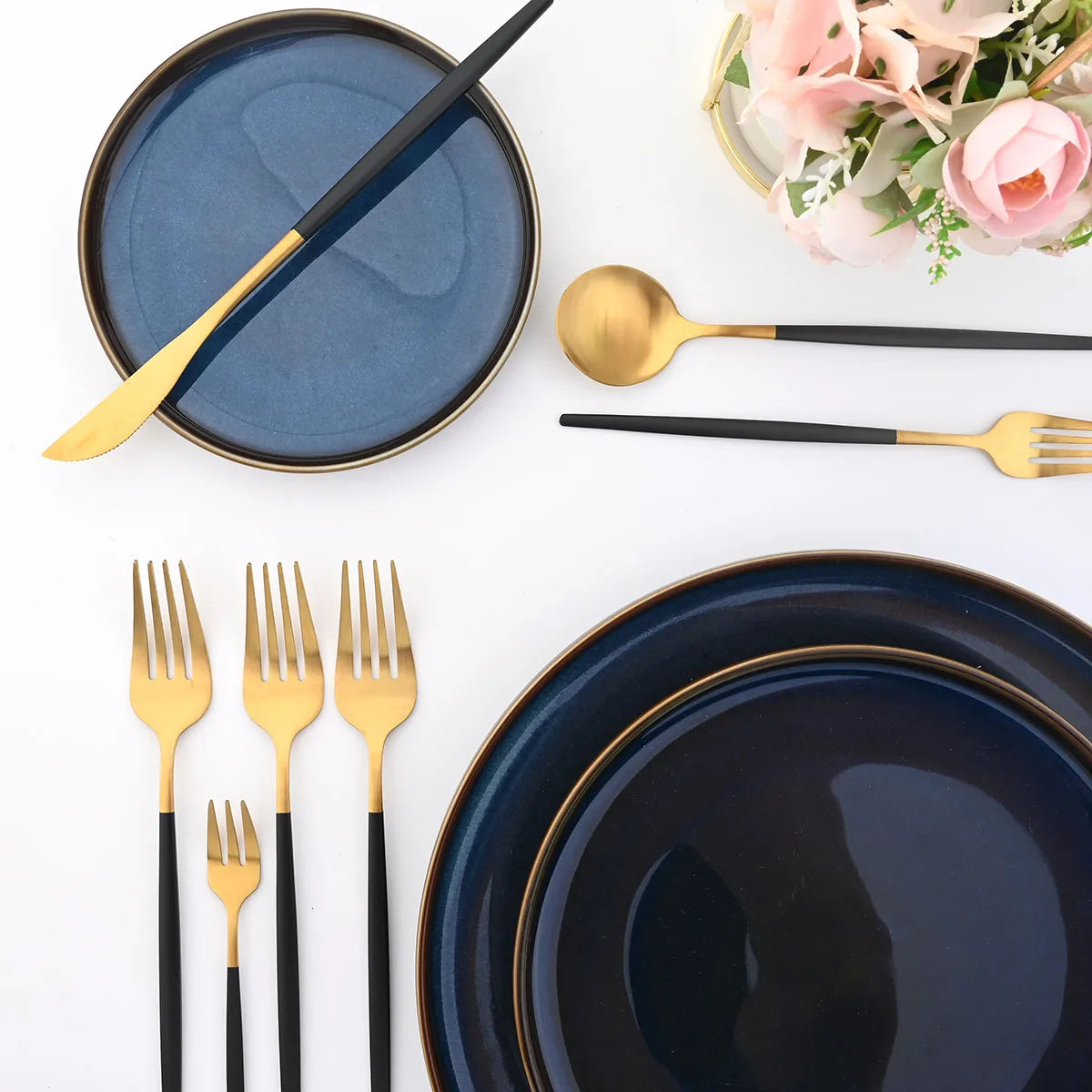 JANKNG 24Pcs Gold Dinnerware Set Stainless Steel Cutlery Set  Flatware Set Matte Black Knife Fork Spoon Silverware Tableware Set