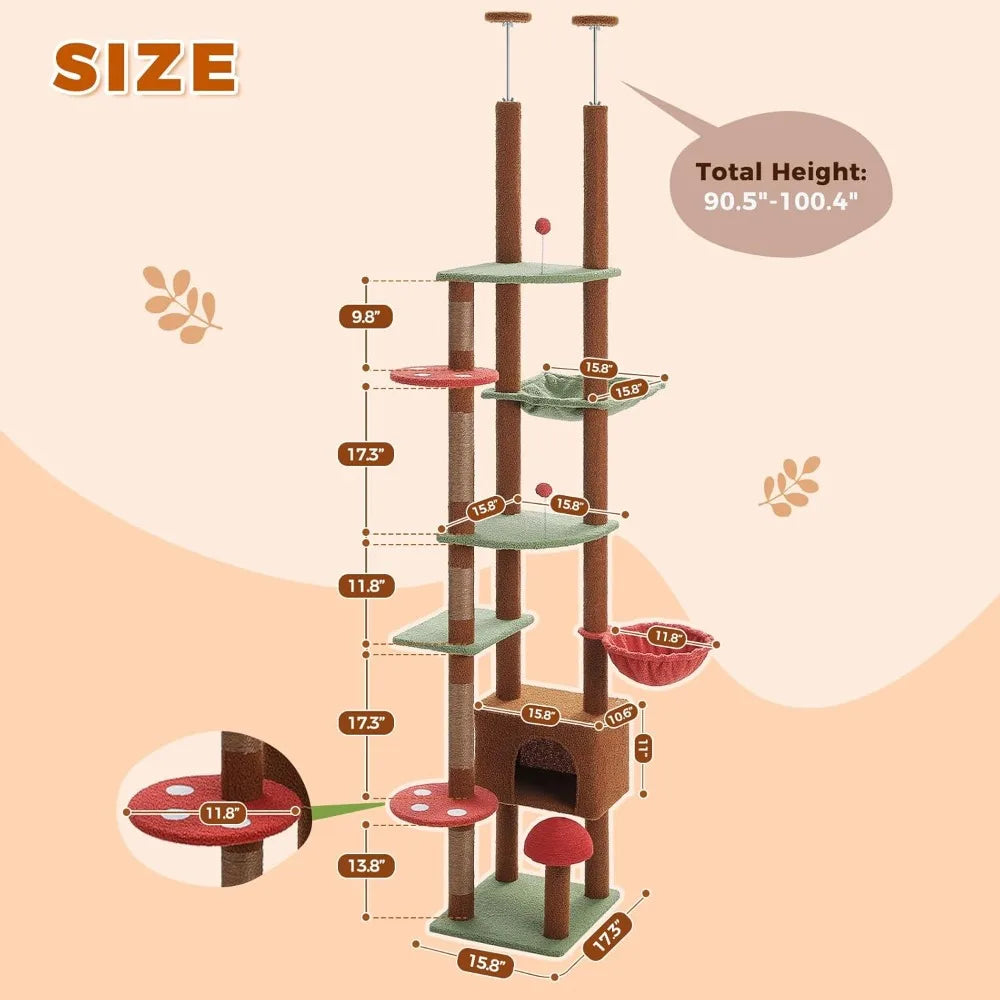 Adjustable Height Cat Tower: 90.5 to 100.4 Inches, Mushroom-Top Climbing Tree with Scratching Posts and Spacious Perch
