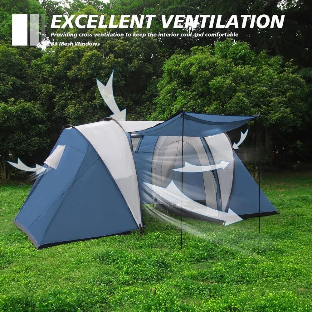 Family-Sized Weatherproof Camping Tent with Porch and Rainfly, 2-Room Easy Setup Shelter for Outdoor Living
