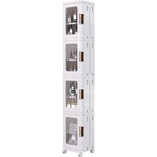 Multi-Tier Plastic Storage Cabinet with Adjustable Shelves, Mobile Wheels, and Magnetic Door Closure for Slim Bathroom Organizat