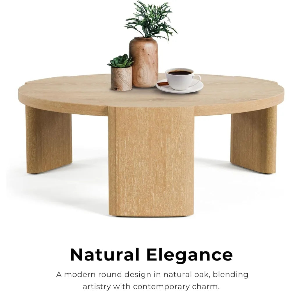 Carys Modern Solid Wood 42-inch Round Coffee Table with Plinth Base, Living Room Furniture for Small Space, Home Office, Oak
