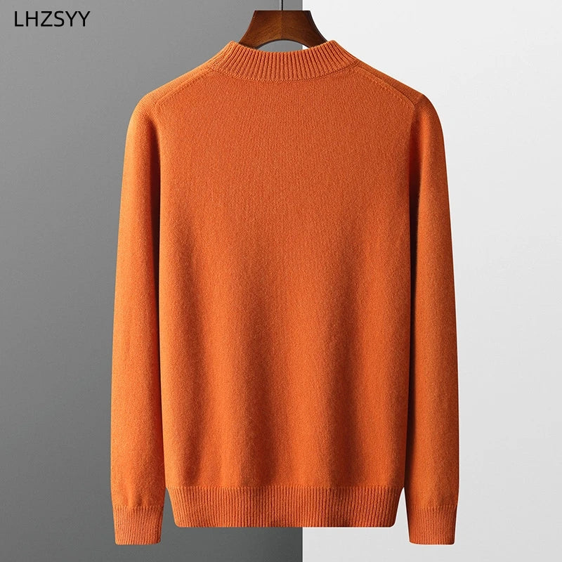LHZSYY Men's Cashmere Sweater Autumn Winter New Semi-High Neck Pullover Warm Color Matching Knit Base Shirt Loose Thicken Jumper