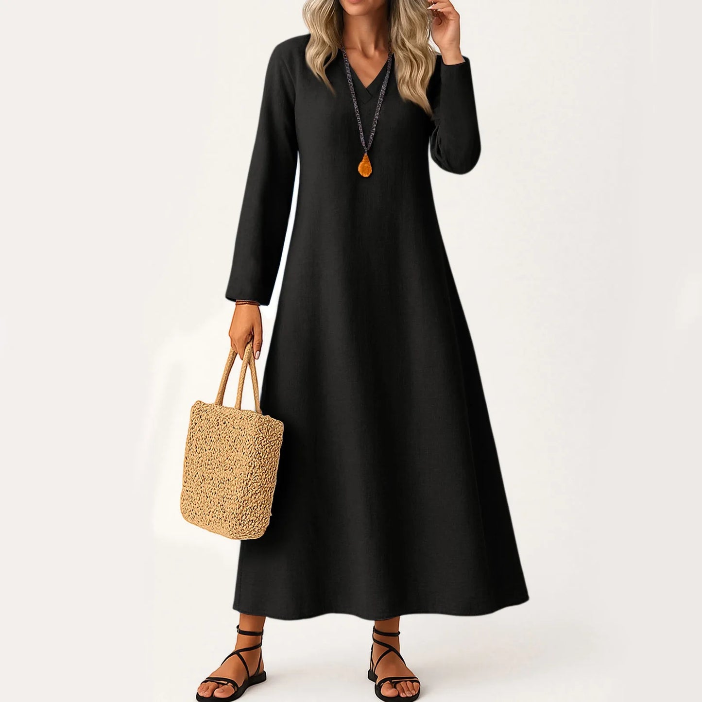 Dress For Women Long Boho Beach Dress Elegant Maxi Dress V-Neck Long Sleeve Dress With Pockets Vestidos Para Mujer Female Dress