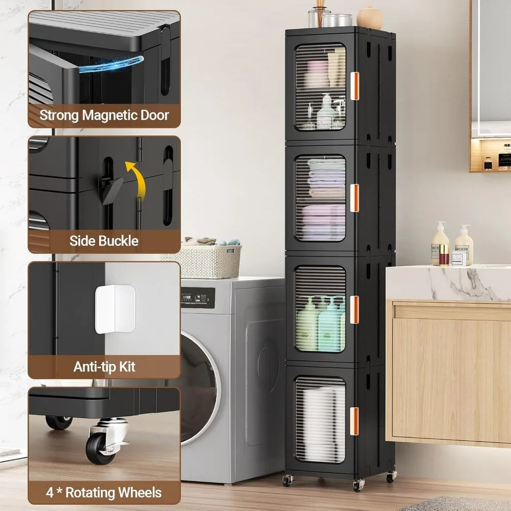 Adjustable Door and Shelf Plastic Storage Cabinet for Slim Spaces, Ideal for Kitchen Pantry and Narrow Bathroom Organizers