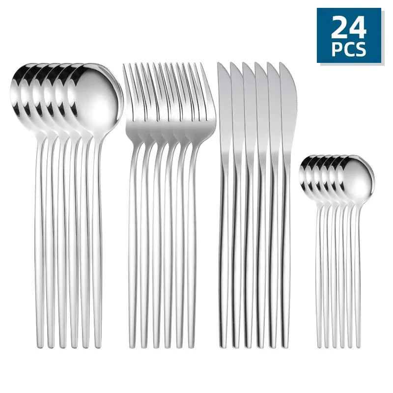 24Pcs Stainless Steel Golden Cutlery, Silverware Set Mirror Flatware Western Cutlery Set Dinning Kitchen Dinning Tableware