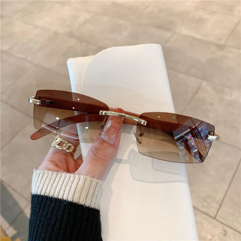 Fashion Sunglasses Men's And Women's Frameless Imitation Wood Grain Mirror Leg Sunglasses