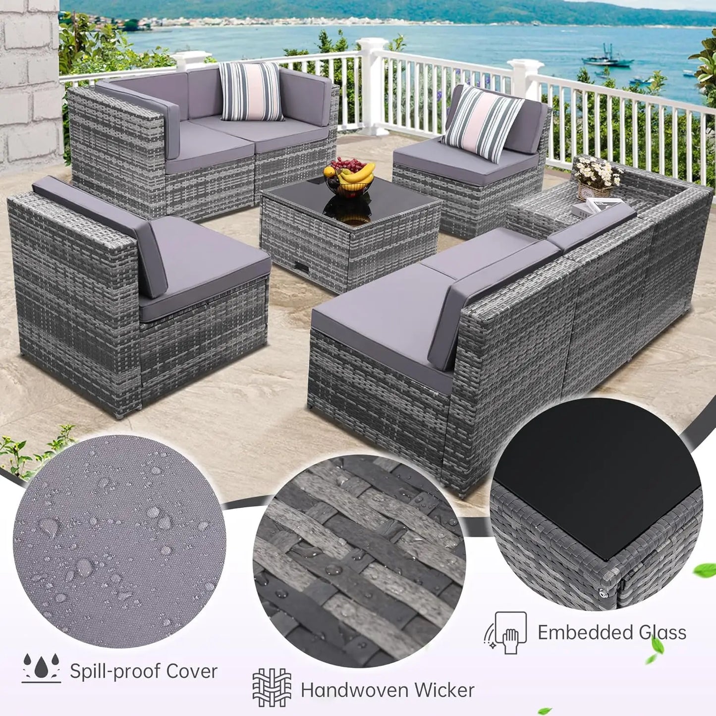 8 Piece Outdoor Wicker Patio Furniture Sectional Set, Glass Top Table with Hidden Storage, Grey Rattan with Light Grey Cushions