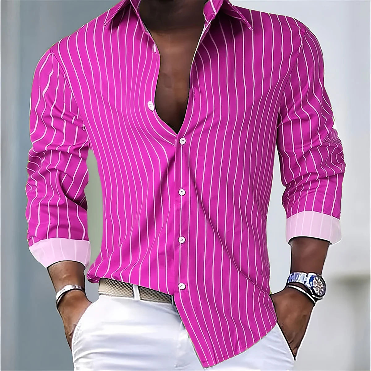 Men's Fashion Loose Striped Shirt 16 Colors Shirt Casual Breathable Lapel Button Long Sleeve Shirt Top Comfortable Soft Fabric
