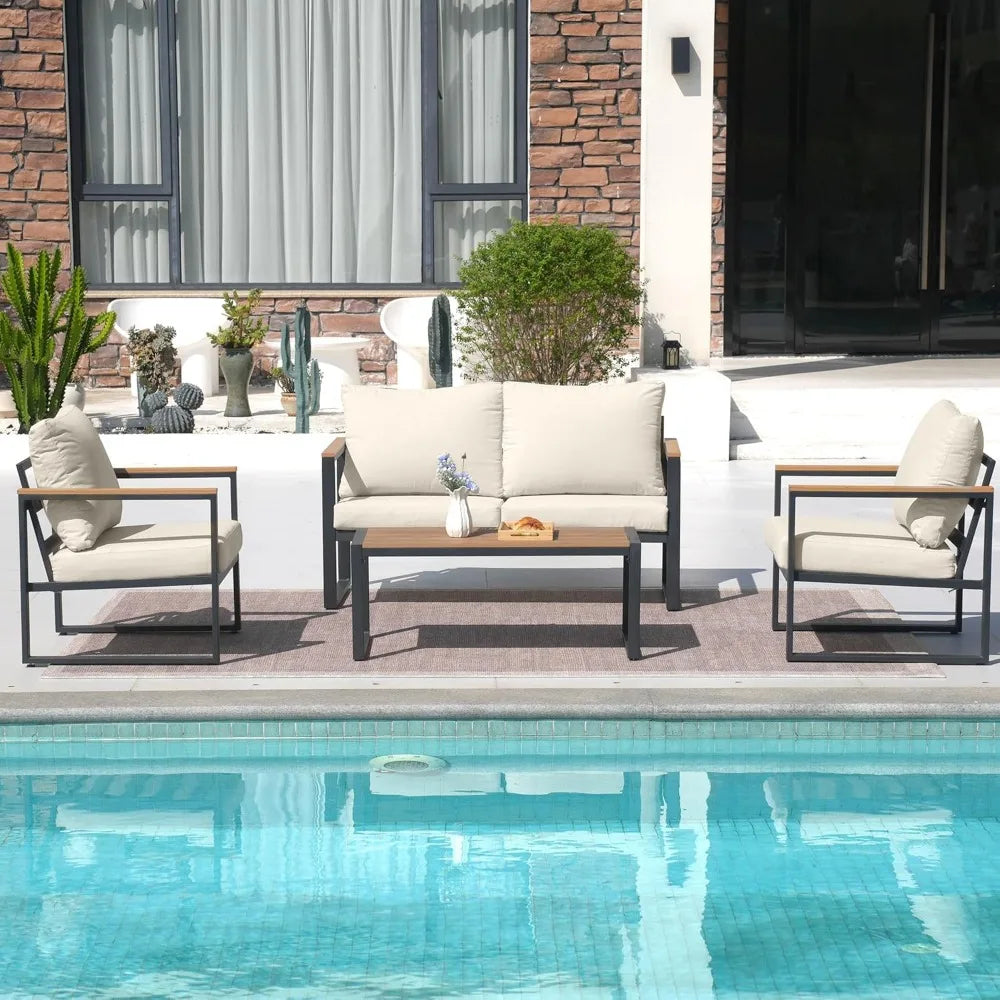 Patio Furniture Set, 4 Pieces Outdoor Patio Furniture with Coffee Table Set, Metal Patio Conversation Sets with Washable and Hig