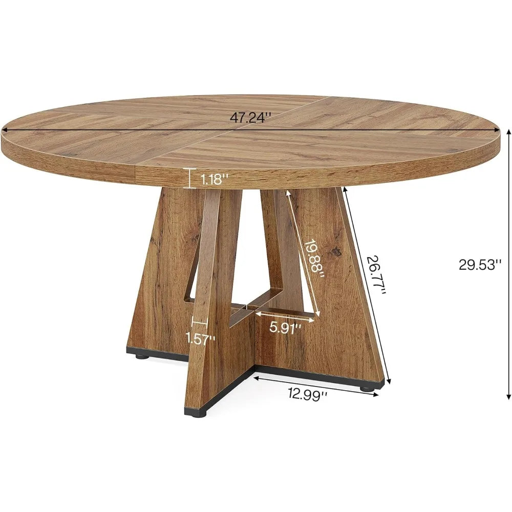 Wood Round Dining Table, Dinning Room Tables for 4 Adult, Farmhouse Dinner Tables with Wooden Tabletop and Cross Base, Table