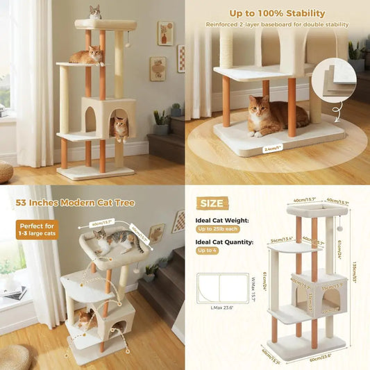 53-inch tall modern wooden cat tree for large indoor cats with multi-level condos and extended scratching posts