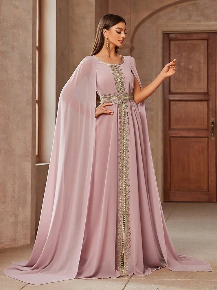 TOLEEN Luxury Embroidery Arabian Muslim Dresses Elegant Women's Color Block Lace Spliced Cape Sleeves Waist Gathered Long Dress
