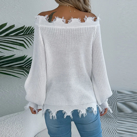 2025 New Women'S Fashion Solid Color Hollow Long Sleeve Cut Off Shoulder Pullover Sweater Ropa De Mujer Winter Clothes Woman