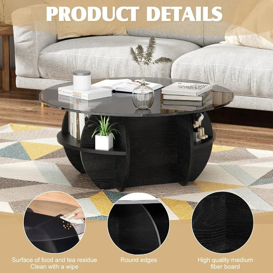 Round Coffee Table Modern Coffee Table Glass Top with Solid Wood Base Large Rustic Circle Center Cocktail Table Unique Accent G