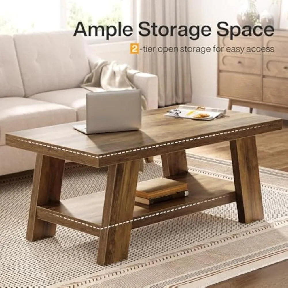 Rustic Rectangular Living Room Coffee Table, 47.24" Two-Level Wood Center Table