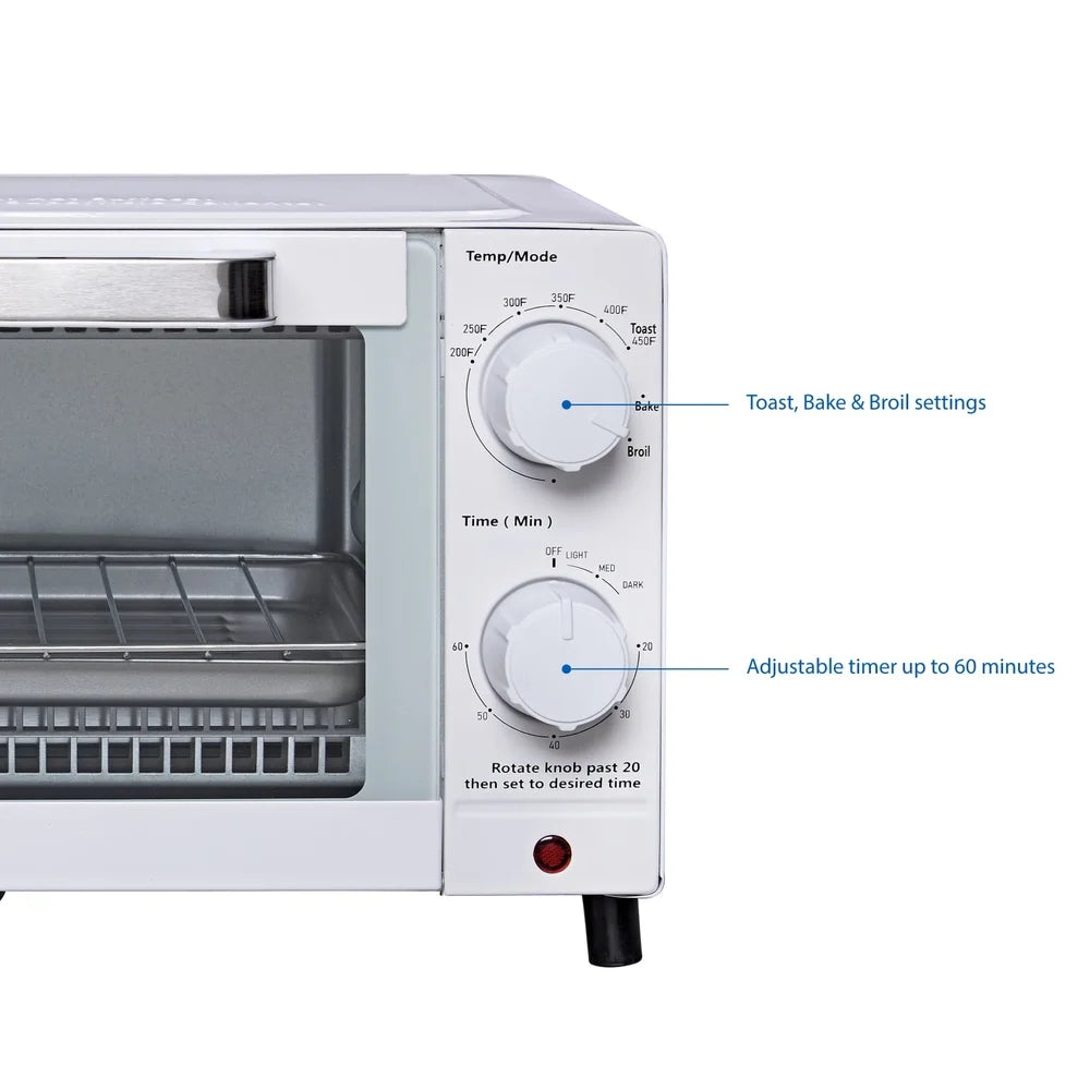 4 Slice Toaster Oven Countertop with 3 Settings Baking Rack Pan Compact Design Easy Clean 1050W Quartz Heating Perfect Toast