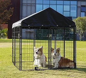 Large Outdoor Dog Enclosure, Heavy Duty Dog Cage with Roof, Galvanized Steel Dog Kennel Fence with Double Safety Locks (50x48x54