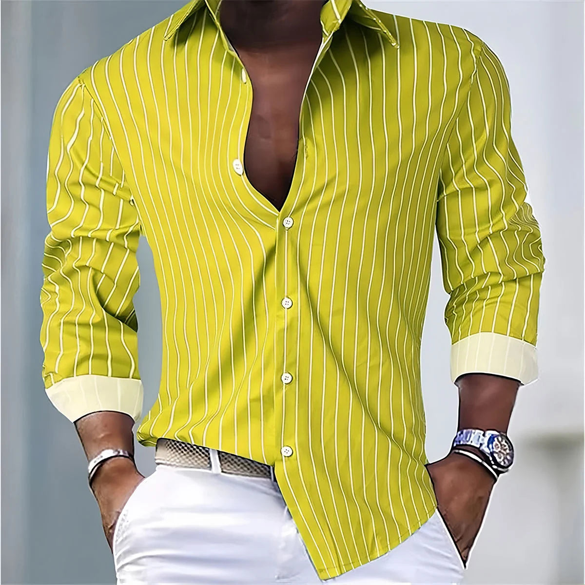 Men's Fashion Loose Striped Shirt 16 Colors Shirt Casual Breathable Lapel Button Long Sleeve Shirt Top Comfortable Soft Fabric