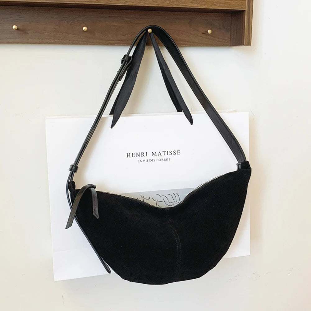 Crescent Bag for Women Men Adjustable Strap Shoulder Bag Suede Multi-pocket Handbag Solid Dumpling Bag for Work Travel