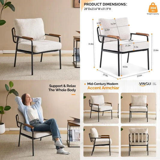 Mid-Century Modern Upholstered Reading Chair for Small Spaces with Wood Arms and Comfort for Bedrooms