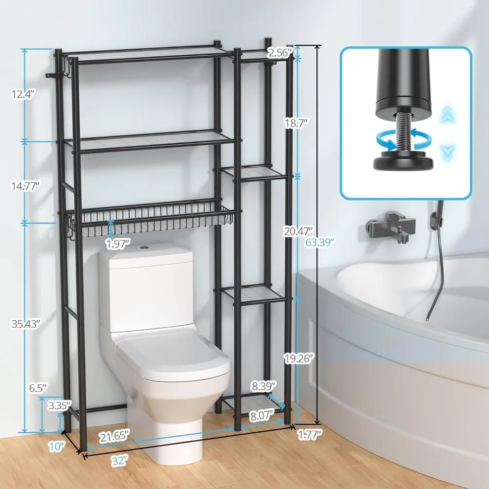 Over the Toilet Storage Shelf - Bathroom Organizer Rack with 7-Tier Shelves, Adjustable Metal Shelf Above Toilet for Towel, Deco