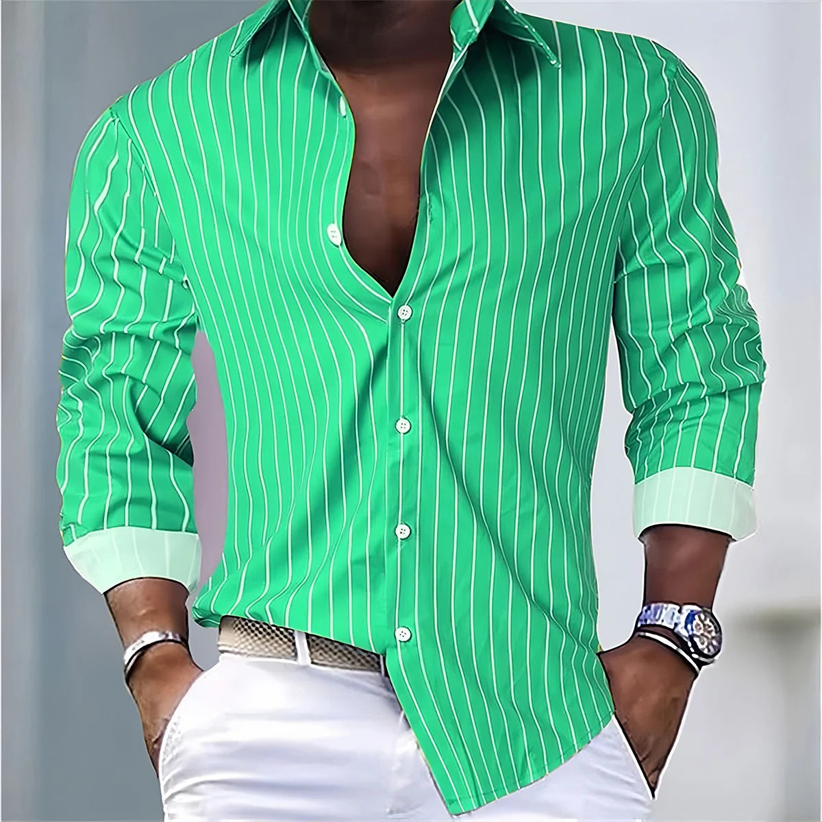 Men's Fashion Loose Striped Shirt 16 Colors Shirt Casual Breathable Lapel Button Long Sleeve Shirt Top Comfortable Soft Fabric