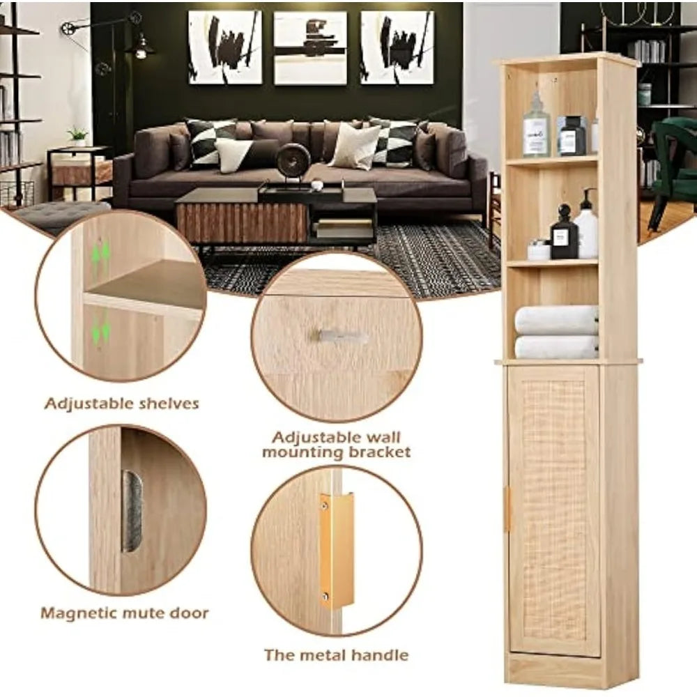 Freestanding Wooden Bathroom Storage Cabinet with Door and 6 Adjustable Shelves, Slim Design for Linen Organization