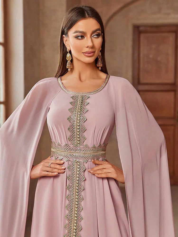 TOLEEN Luxury Embroidery Arabian Muslim Dresses Elegant Women's Color Block Lace Spliced Cape Sleeves Waist Gathered Long Dress