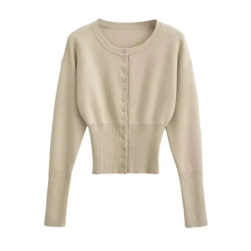Women's High Waist Round Neck Single Breasted Cardigan Solid Long Sleeve Short Sweater Top Autumn Slim Bottoming Shirt