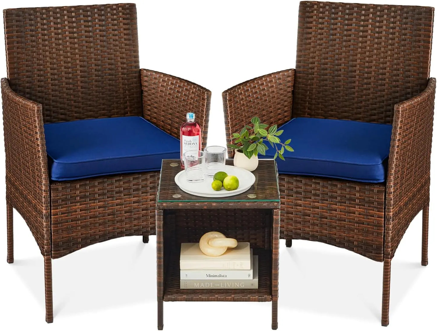 3-Piece Outdoor Wicker Conversation Bistro Set, Space Saving Patio Furniture for Garden w/Side Table