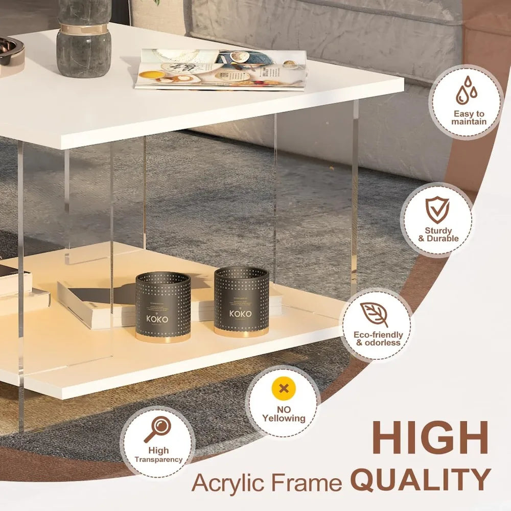 24" Acrylic Coffee Table with White Wood Tabletop, Minimalist Stylish Modern Square Center Table for Living Room,Led Living Room