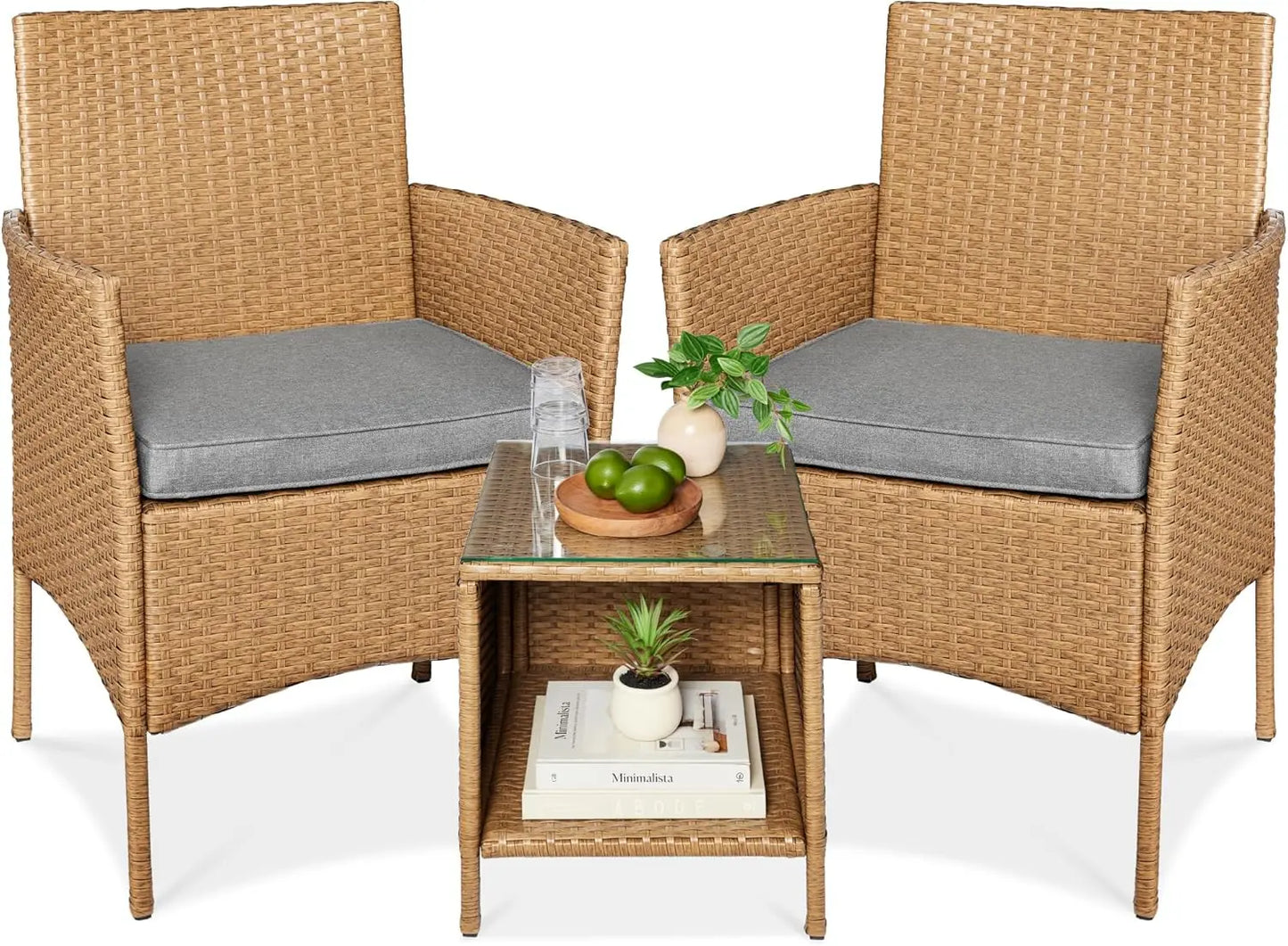 3-Piece Outdoor Wicker Conversation Bistro Set, Space Saving Patio Furniture for Garden w/Side Table