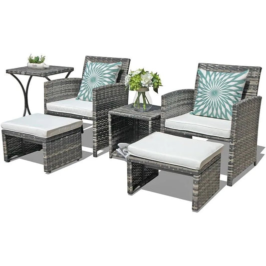6 Piece Patio Furniture Conversation Set with Ottoman Outdoor Grey Wicker Chair and Table Set Ideal for Balcony Spaces in Apart