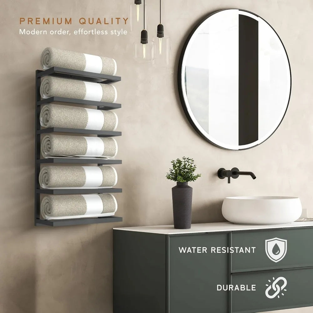 Space-Saving Wall-Mounted Black Metal 5-6 Tier Towel Rack for Bathroom Storage and Organization
