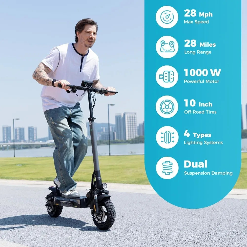 Electric Scooter for Adults, 28 MPH Top Speed & 28 Mile Range, 1000W Powerful Motor, 10" Off-Road Tires, Dual Suspension