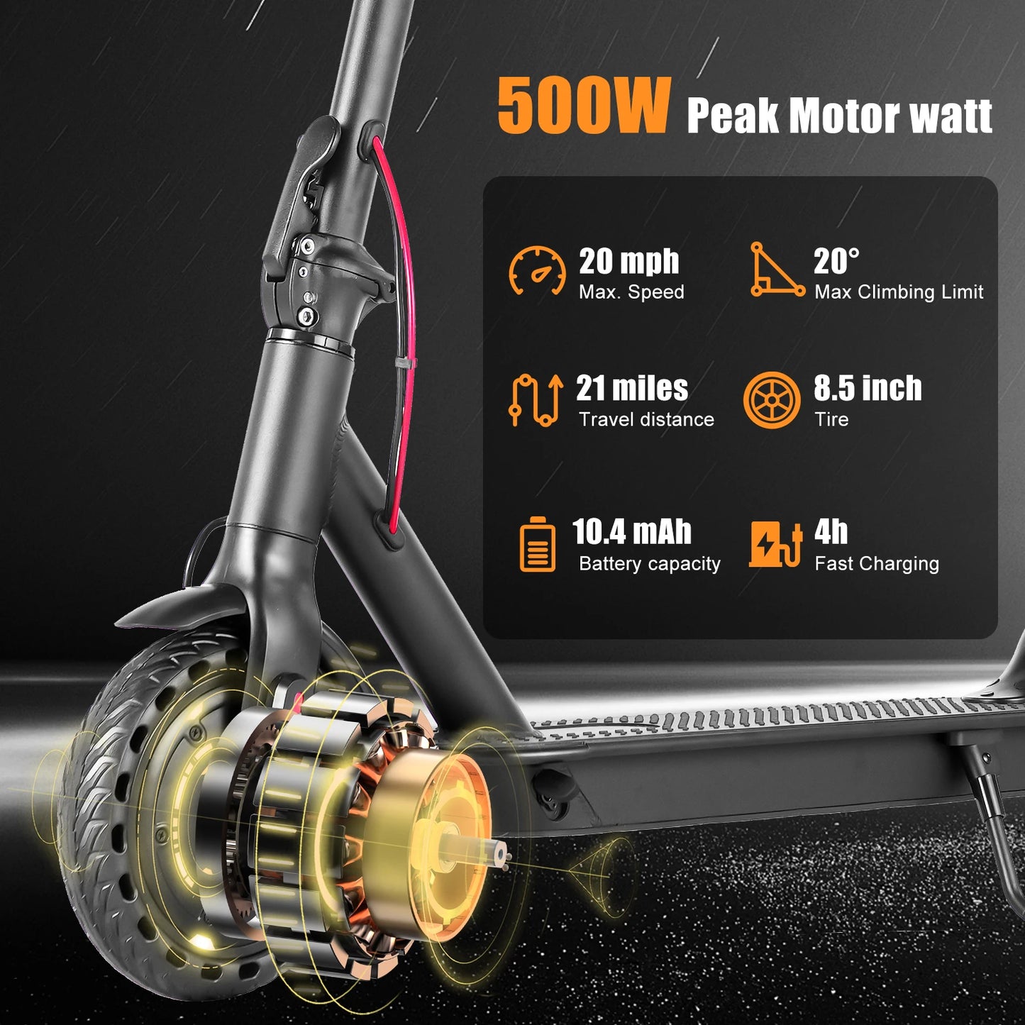 Commuter Electric Scooter - 500W Peak Power, Puncture-Proof Tires & Lightweight Aluminum Frame for Urban Riding-Black