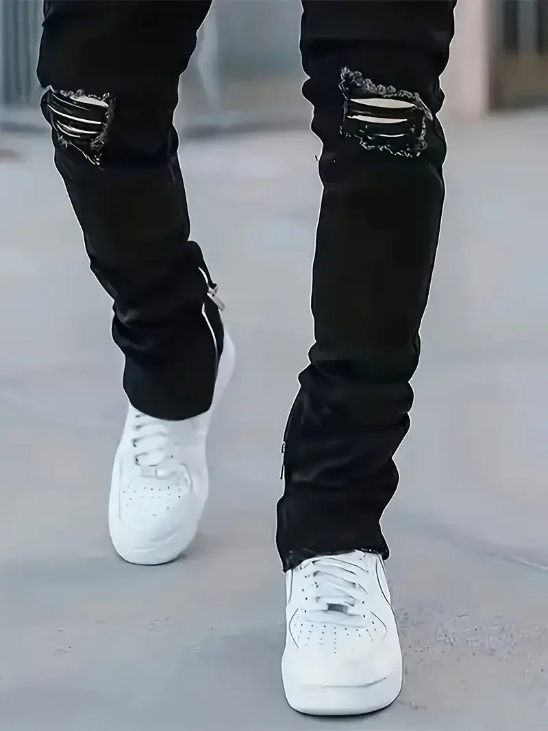 Men's casual jeans - Street style, comfortable stretch denim, hole details, zipper design, suitable for all seasons